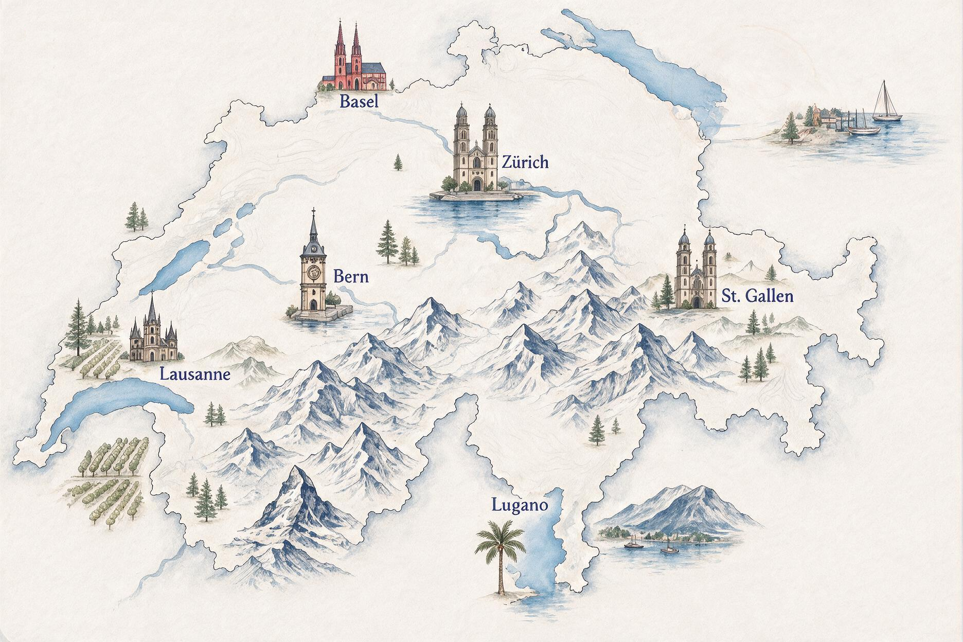 Illustrierte Karte der Schweiz mit Bottighofen